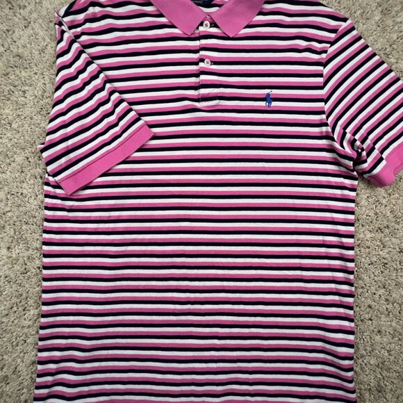 Polo Golf Ralph Lauren Polo Shirt Large Pink White Blue Striped Cotton Pro Fit - Picture 2 of 7